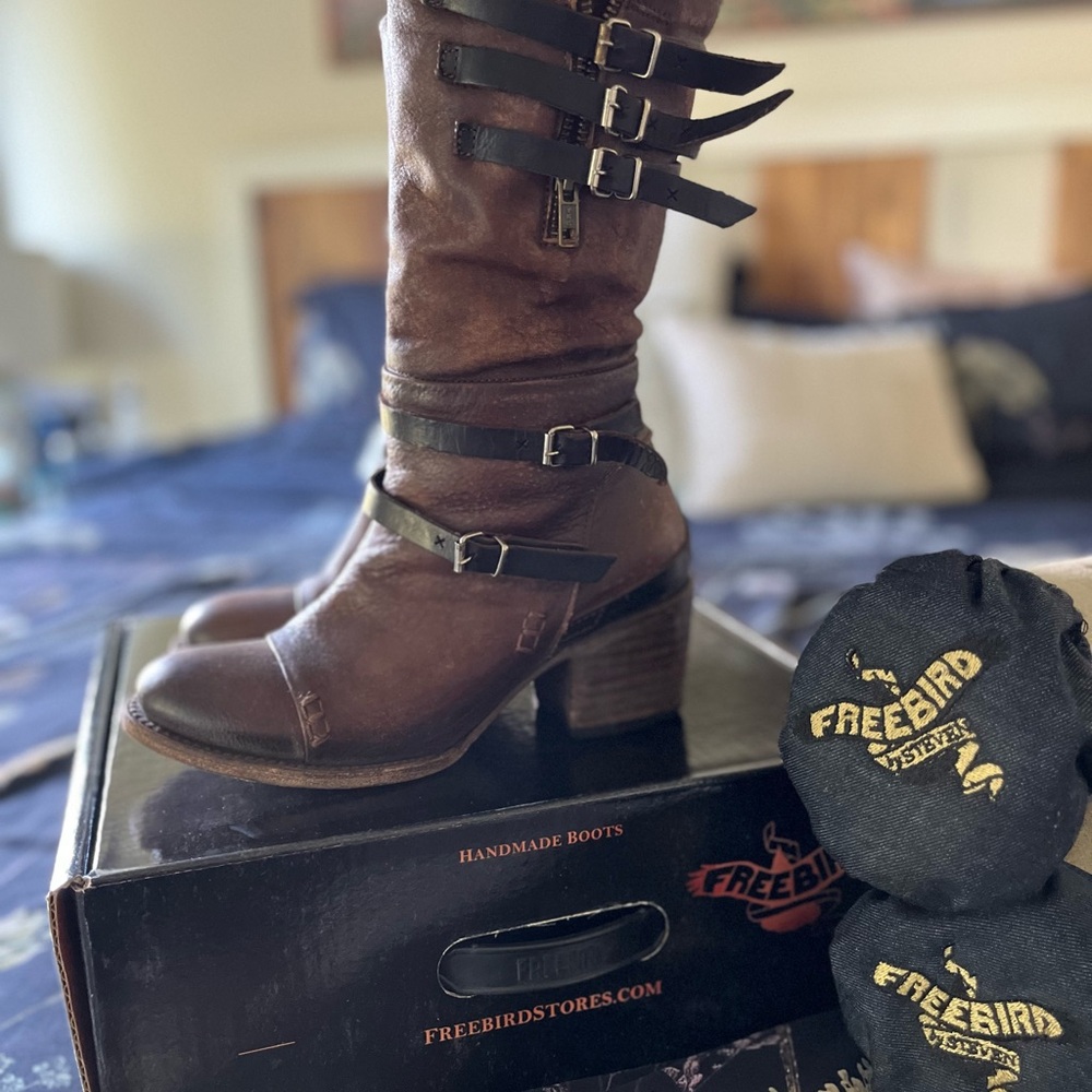 Freebird Distressed Brown Heeled Boots with Buckles